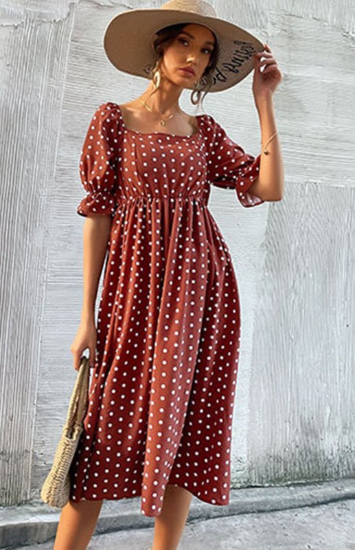 Square Neck Polka Dot Dress - ElegantAlpha