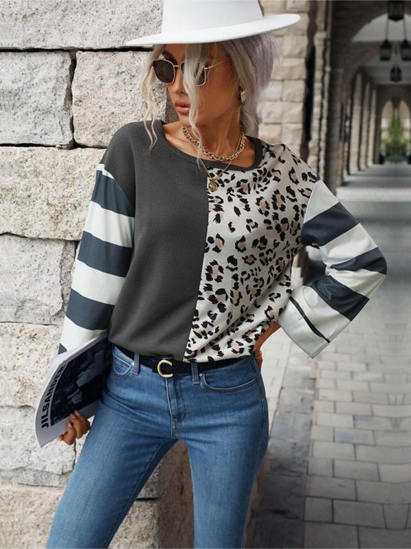 Stitching striped long - sleeved T - shirt - ElegantAlpha®