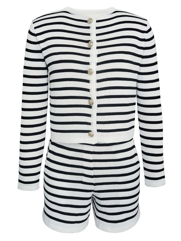 Striped simple cardigan shorts two - piece suit - ElegantAlpha®