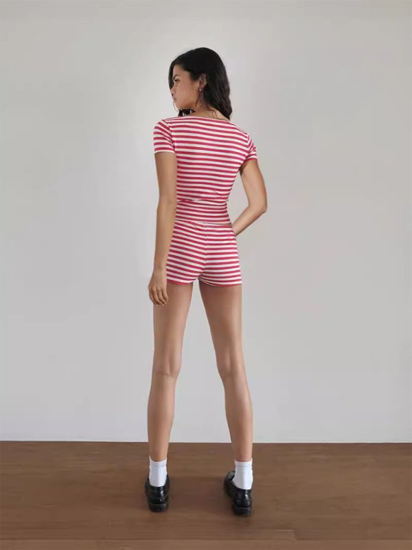 Striped Slim Fit Short Sleeve Shorts Suit - ElegantAlpha®