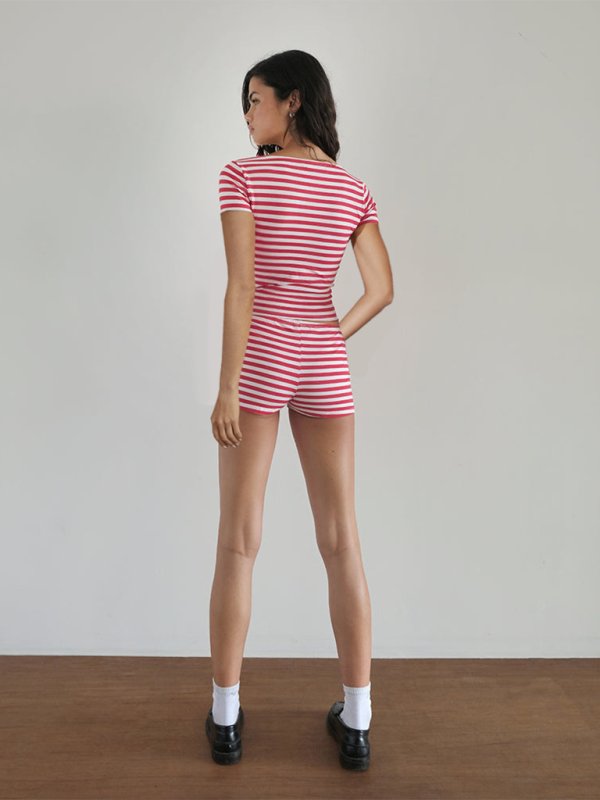 Striped Slim Fit Short Sleeve Shorts Suit - ElegantAlpha®