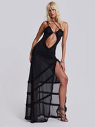 Suspender hollow pleated lace slit dress - ElegantAlpha