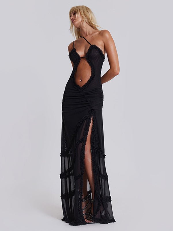 Suspender hollow pleated lace slit dress - ElegantAlpha