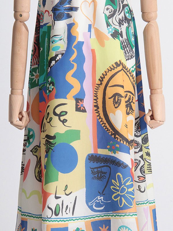 Suspenders graffiti print seaside long dress - ElegantAlpha®