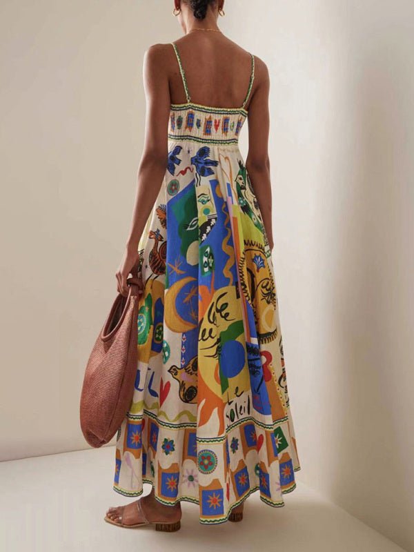 Suspenders graffiti print seaside long dress - ElegantAlpha®