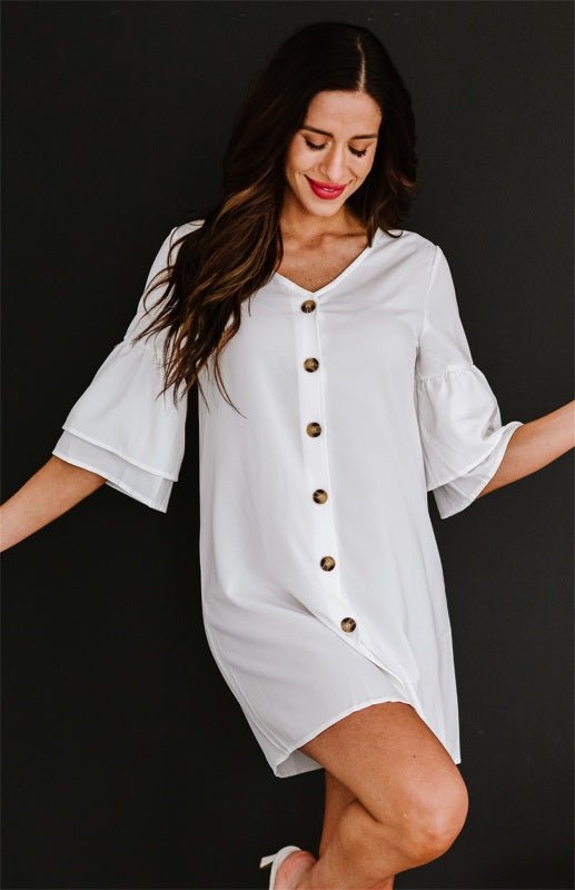 V Neck Button Shift Shirt Dress - ElegantAlpha