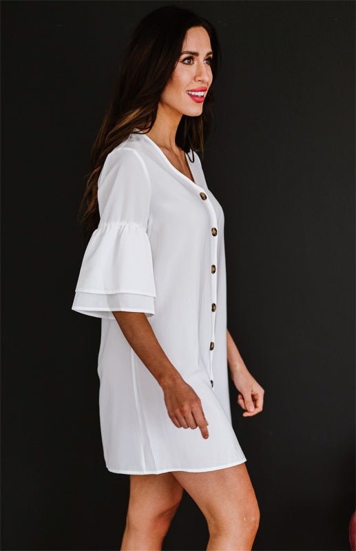 V Neck Button Shift Shirt Dress - ElegantAlpha