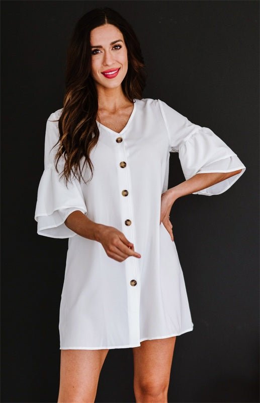 V Neck Button Shift Shirt Dress - ElegantAlpha