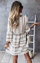 V - Neck Geometric Print Flare Sleeve Lace Dress - ElegantAlpha®