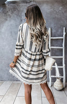 V - Neck Geometric Print Flare Sleeve Lace Dress - ElegantAlpha®