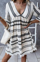 V - Neck Geometric Print Flare Sleeve Lace Dress - ElegantAlpha®