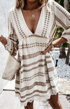 V - Neck Geometric Print Flare Sleeve Lace Dress - ElegantAlpha®