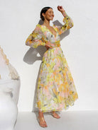 V - neck long - sleeved floral dress - ElegantAlpha®