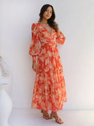 V - neck long - sleeved floral dress - ElegantAlpha®