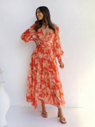 V - neck long - sleeved floral dress - ElegantAlpha®