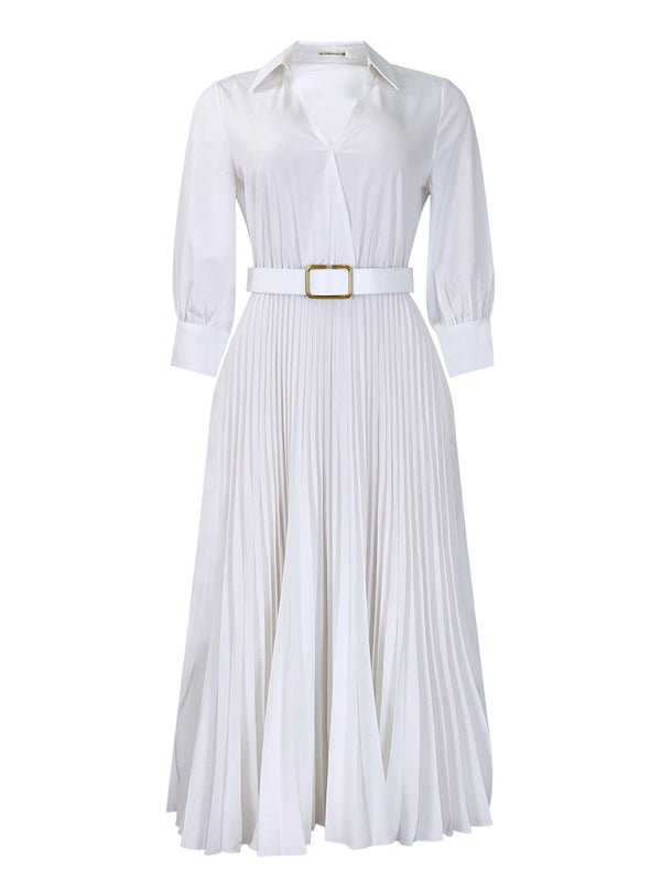 V Neck Pleated Dress - ElegantAlpha