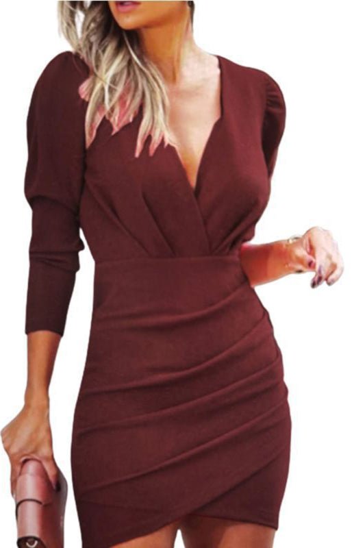 V-Neck Pleated Slit Bubble Long-Sleeved Slim Cocktail Dress - ElegantAlpha®