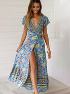 V Neck Printed Slit Long Dress - ElegantAlpha®