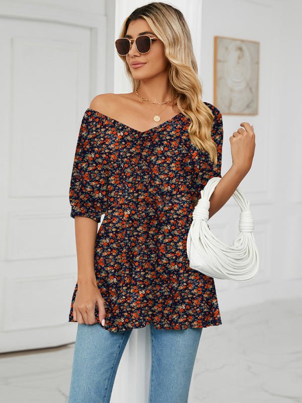 V - neck printed t - shirt bubble tunic top - ElegantAlpha®