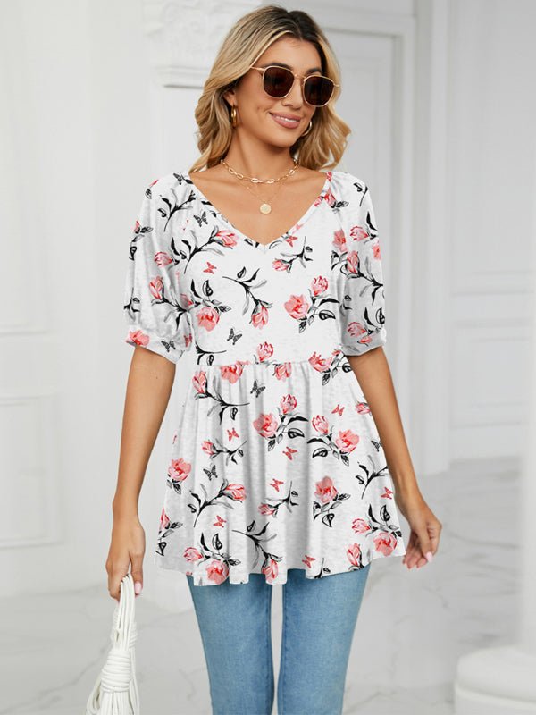 V - neck printed t - shirt bubble tunic top - ElegantAlpha®