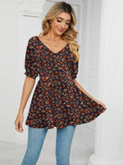 V - neck printed t - shirt bubble tunic top - ElegantAlpha®