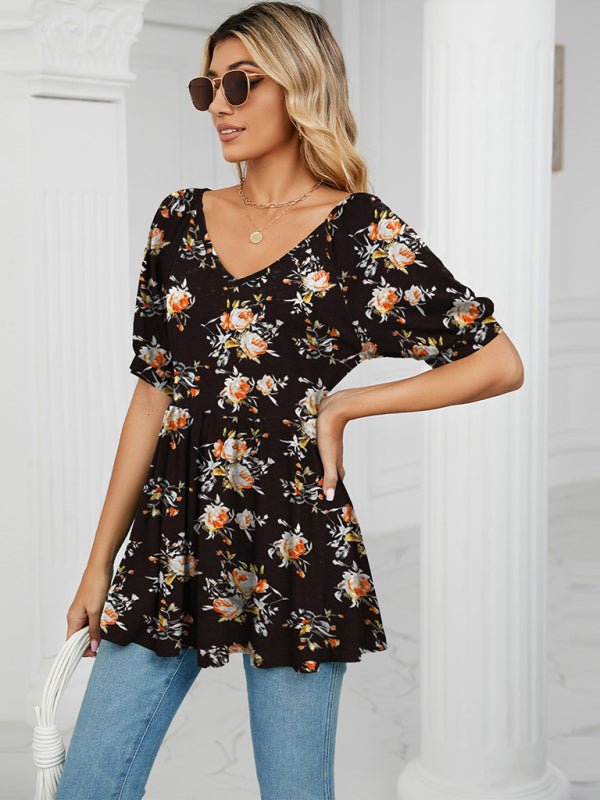 V - neck printed t - shirt bubble tunic top - ElegantAlpha®