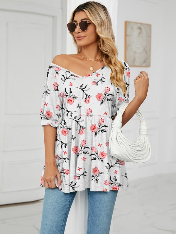 V - neck printed t - shirt bubble tunic top - ElegantAlpha®