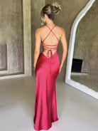 V - neck satin backless long dress - ElegantAlpha