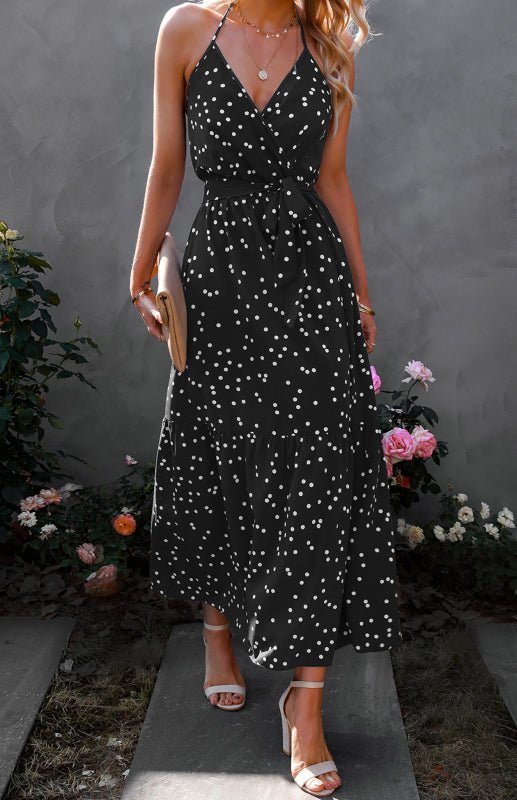 V Neck Sling Polka Dot Dress Long Dress - ElegantAlpha