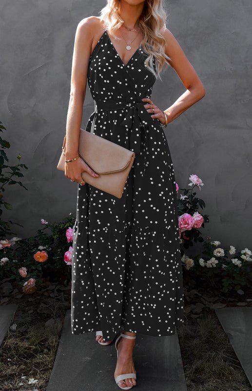 V Neck Sling Polka Dot Dress Long Dress - ElegantAlpha