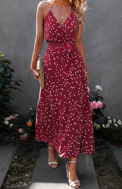 V Neck Sling Polka Dot Dress Long Dress - ElegantAlpha