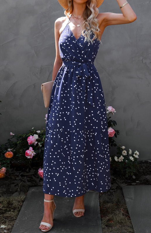 V Neck Sling Polka Dot Dress Long Dress - ElegantAlpha