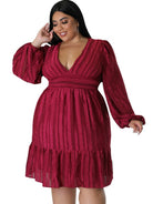 V - neck striped long - sleeved dress - ElegantAlpha