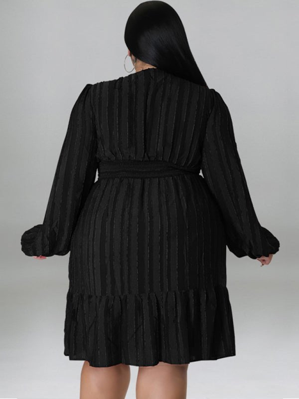 V - neck striped long - sleeved dress - ElegantAlpha