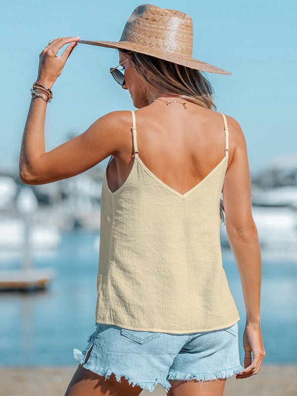 V - neck texture strap top - ElegantAlpha