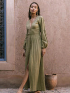 V-neck waist pleats long-sleeved dress - ElegantAlpha®