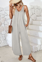 V - neck wide - leg jumpsuit with pockets - ElegantAlpha