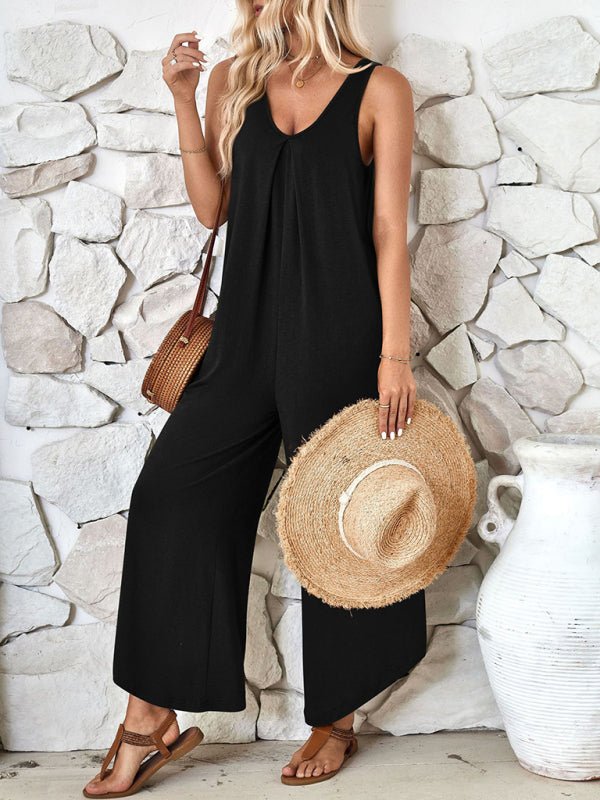 V - neck wide - leg jumpsuit with pockets - ElegantAlpha