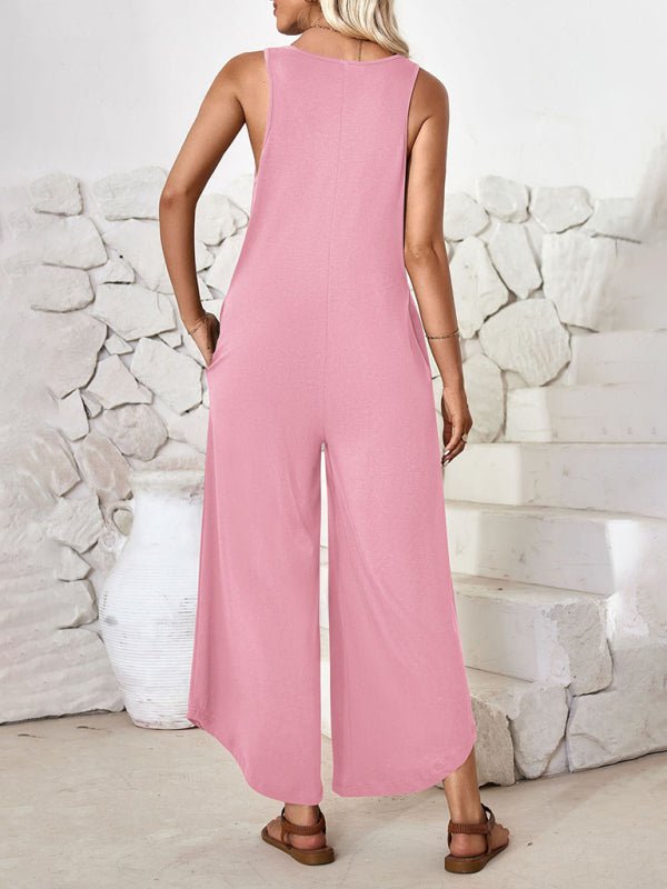 V - neck wide - leg jumpsuit with pockets - ElegantAlpha