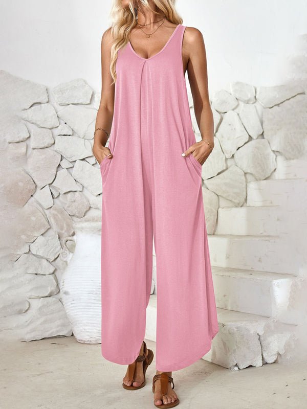 V - neck wide - leg jumpsuit with pockets - ElegantAlpha