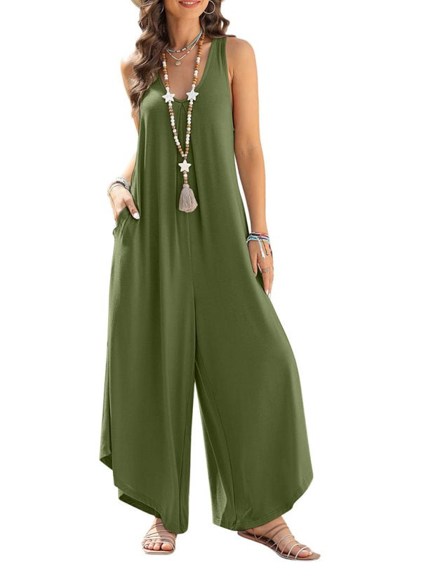 V - neck wide - leg jumpsuit with pockets - ElegantAlpha