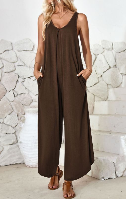 V - neck wide - leg jumpsuit with pockets - ElegantAlpha