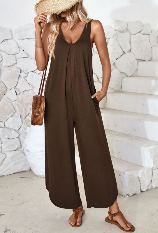 V - neck wide - leg jumpsuit with pockets - ElegantAlpha