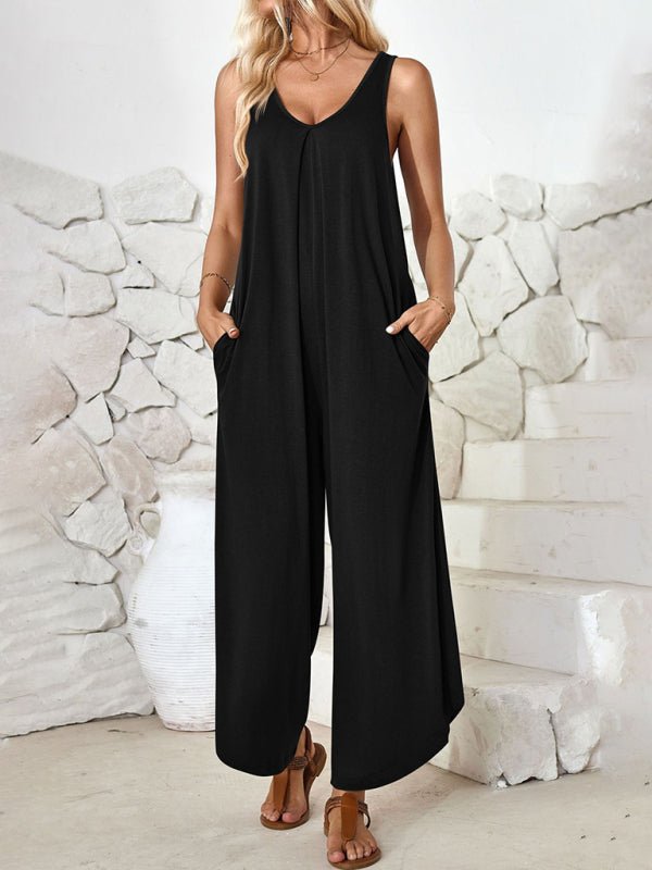 V - neck wide - leg jumpsuit with pockets - ElegantAlpha