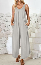 V - neck wide - leg jumpsuit with pockets - ElegantAlpha