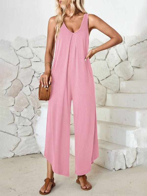 V - neck wide - leg jumpsuit with pockets - ElegantAlpha