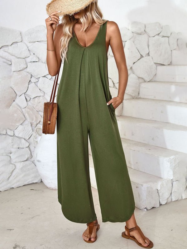 V - neck wide - leg jumpsuit with pockets - ElegantAlpha