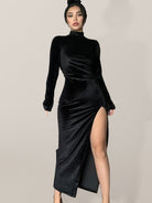 Velvet high neck pleated slit dress - ElegantAlpha