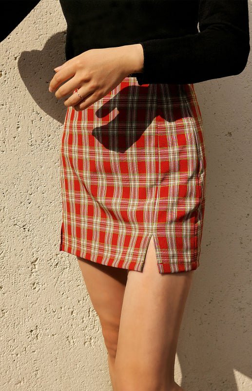 Versatile Hip Wrap Split High Waist Plaid Skirt - ElegantAlpha®