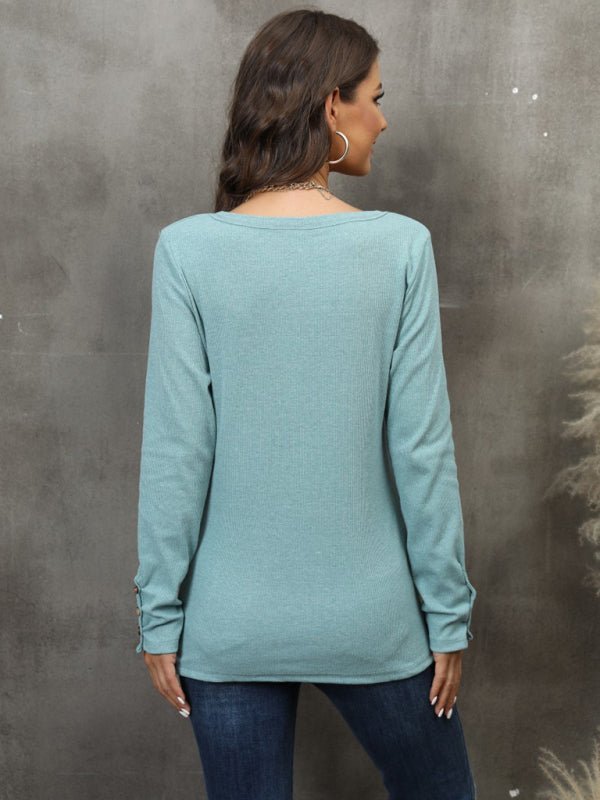 Waffle Knit Long Sleeve Henley Top - ElegantAlpha®